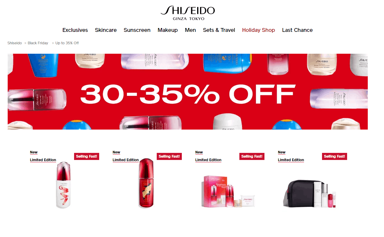 Shiseido折扣码2024 资生堂黑五精选护肤最低至65折促销满$150送神秘护肤礼包